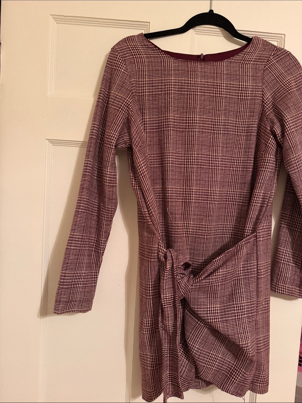 Hayden Plaid Tie-Waist Long Sleeve Dress - Burgundy